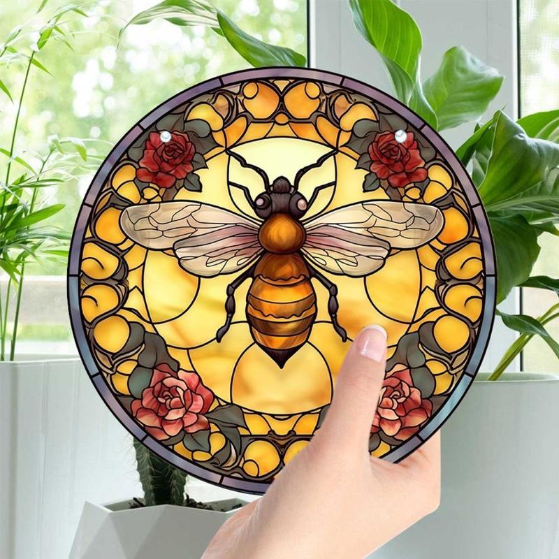 Bee & Flower Pattern Hanging Decor, 1 Count Creative Round Acrylic Hanging Ornament, Hanging Decor for Home Living Room Bedroom