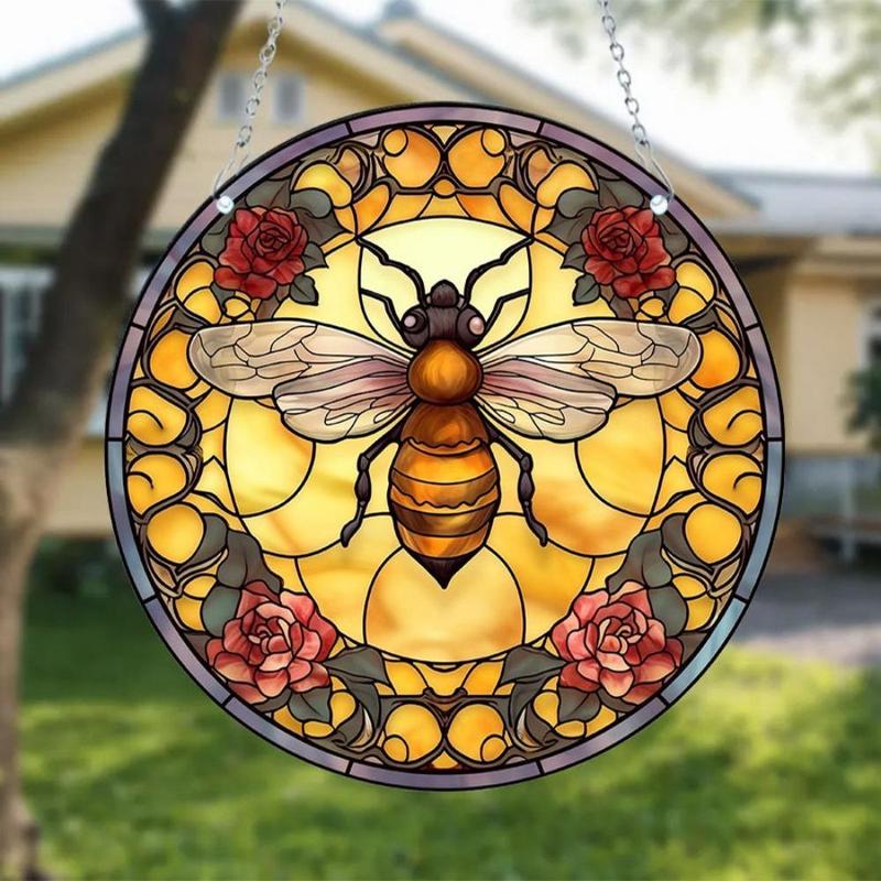 Bee & Flower Pattern Hanging Decor, 1 Count Creative Round Acrylic Hanging Ornament, Hanging Decor for Home Living Room Bedroom