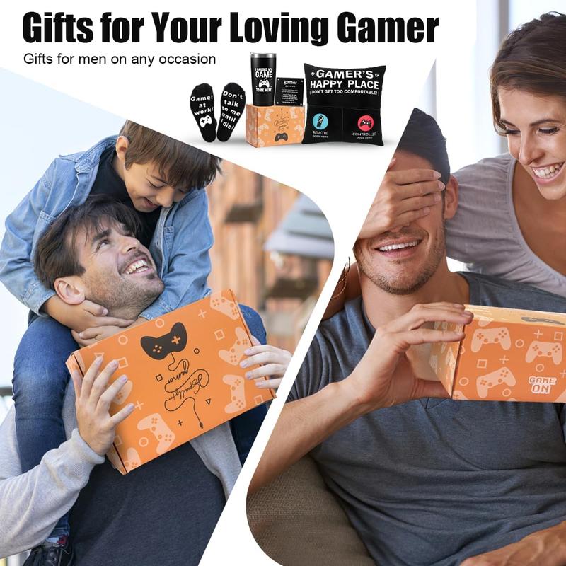 Gamer Gifts for Men Boyfriend Teenage Boy Birthday Christmas Gifts Box- Easter Basket Stuff  Room Decor Gaming Gift for Man Him Video  Lover (Gamer Tumbler+Pillow Cover+Socks+Stainless Sign)