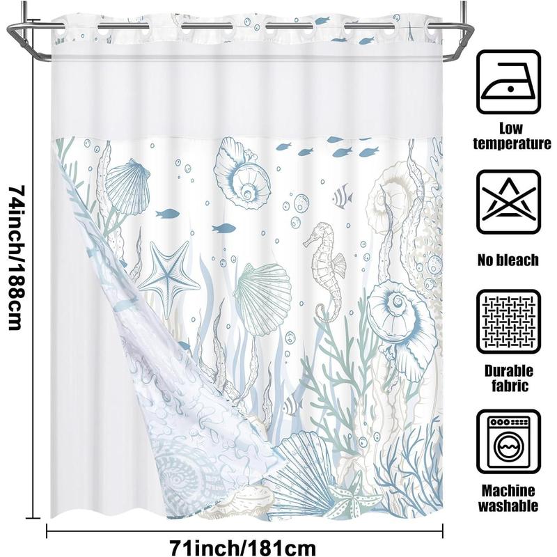 No Hook Shower Curtain with Snap in Liner Seashell Beach Shower Curtain Fabric Waterproof Inner Liner Themed Shower Curtains for Bathroom Decor