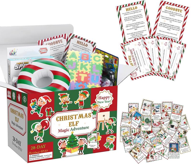 28 Day Christmas Elf Kit Adventure Christmas Countdown Elf Lovers Gifts for 2024, Elf Cards, Props and Accessories Box Boxes