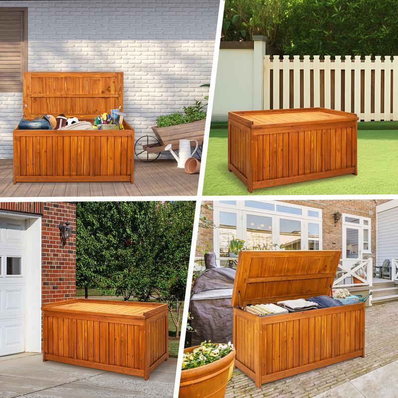 SULIVES 65 Gallon Solid Wood Deck Box, Garden Backyard Storage Bench, Waterproof Outdoor Storage Container for Cushions Pool Supplies,Toys,Garden Tool,Sports Equipment Organiser Wooden,stash box