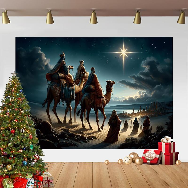 Nativity Themed Backdrop, 1 Count Christmas Camel & Three Wise Men Element Backdrop, Hanging Decor for Living Room Bedroom Dormitory