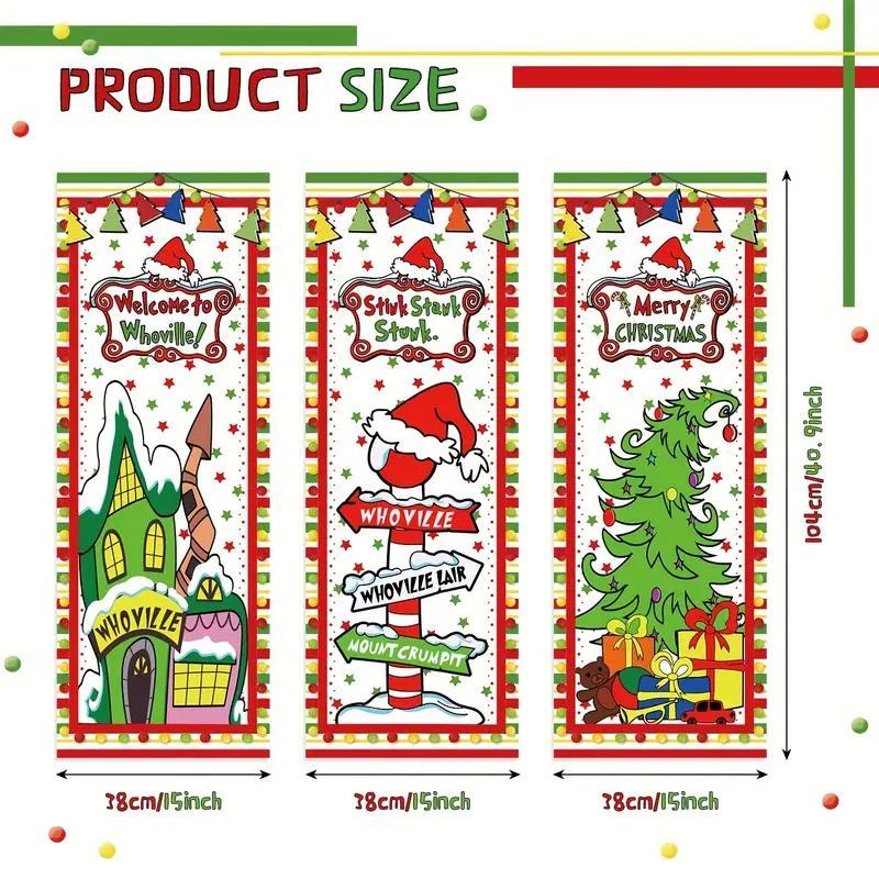 Christmas Door Banner, 3 Counts set Cartoon Pattern Door Hanging Banner, Indoor & Outdoor Festival Decoration, Home Decor Supplies