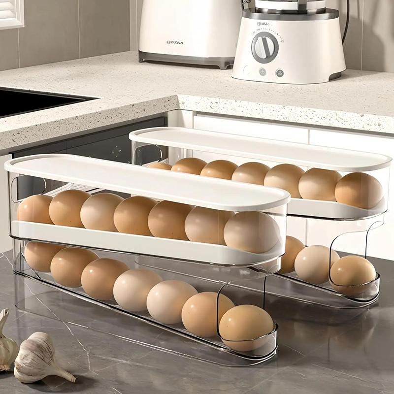 Clear Egg Storage Box, 2 Counts set Automatic Rolling Egg Holder, Space Saving Egg Organizer, Refrigerator Egg Tray, Household Kitchen Products