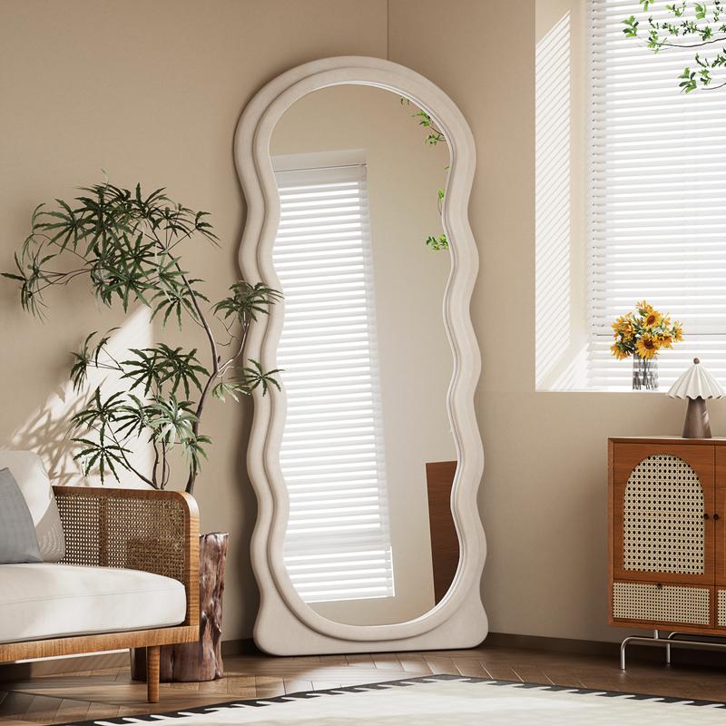 63x24 inch Irregular Full Length Mirror With Flannel Frame Full-Length Floor Mirror - Full Mirror Full Body Mirror For Bedroom Floor Mirror Full Body Wavy Mirror Full Mirror For Hanging Or Leaning Against Wall In Cloakroom, Bedroom Living Room