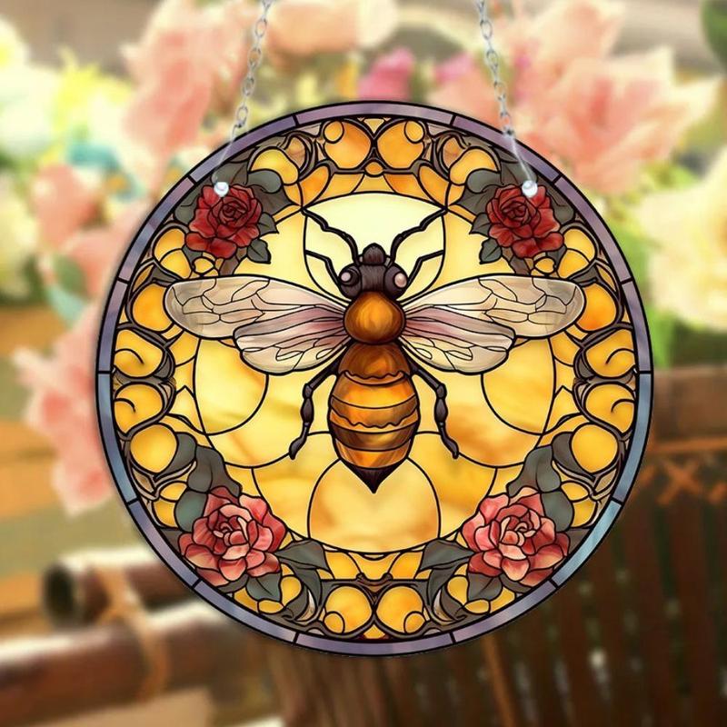 Bee & Flower Pattern Hanging Decor, 1 Count Creative Round Acrylic Hanging Ornament, Hanging Decor for Home Living Room Bedroom