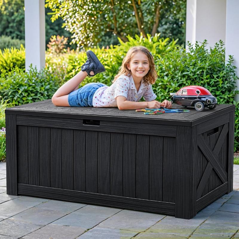 Deck Box 120 Gallon Waterproof Large Deck Boxes Plus Outdoor Indoor Storage Box Imitation Wood Resin for Patio Furniture Garden Tools and Pool,Dark Black