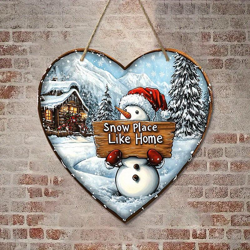 Snowman & Letter Pattern Wooden Hanging Sign, 1 Count Heart Shaped Hanging Decor, Wall Art for Home, Office, Front Door, Garden, Country Decoration