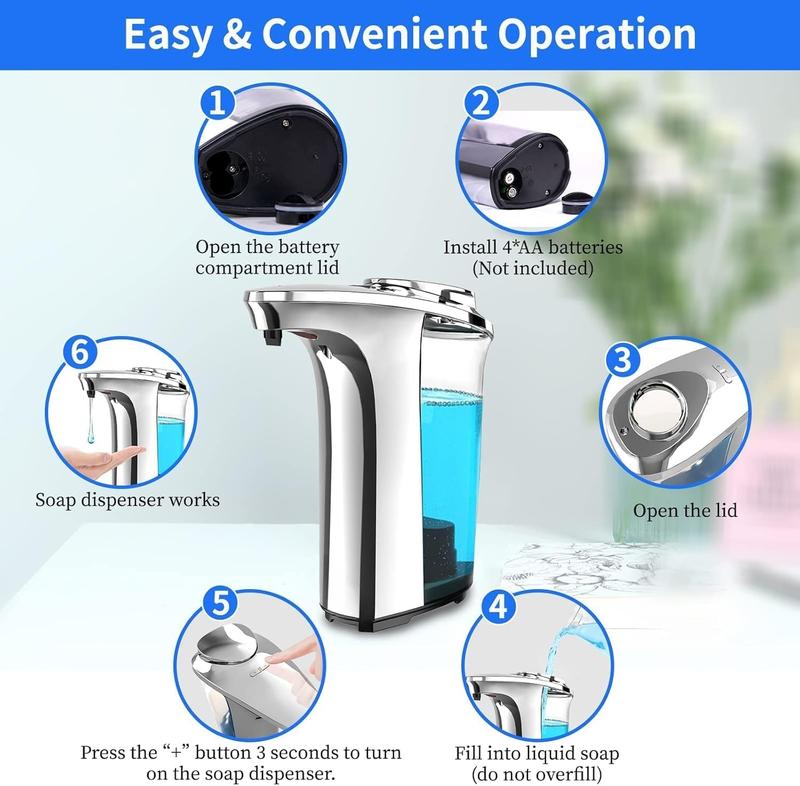 Automatic Soap Dispenser, Dish Soap Dispenser, Touchless Hand Soap Dispenser 17oz 500ml with 5 Adjustable Soap Levels, Kitchen Soap Dispenser, Liquid Hand Soap Dispenser Bathroom, Silver