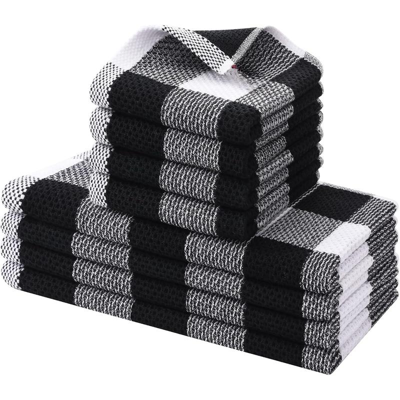 Kitchen Towel and dish towel set, 12 x 12 and 13 x 28 inches, one set of 8 cotton checkered kitchen towels, soft and absorbent dish cloth, white and black