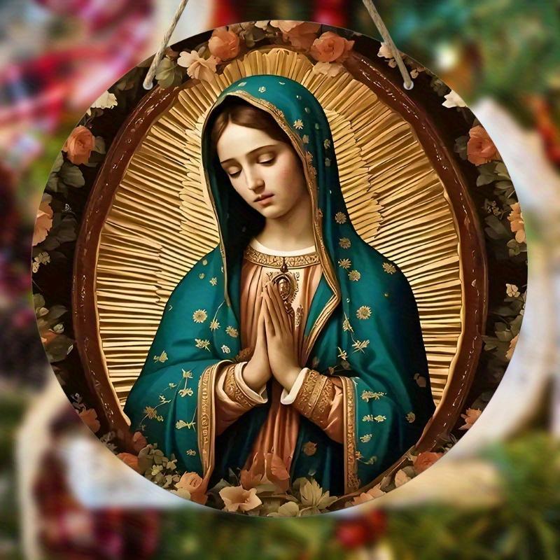 Our Lady Virgin Pray Wooden Round-shaped Hanging Wall Decor, 1 Count Traditional Festive Hanging Ornament, Hanging Decor for Holiday Party