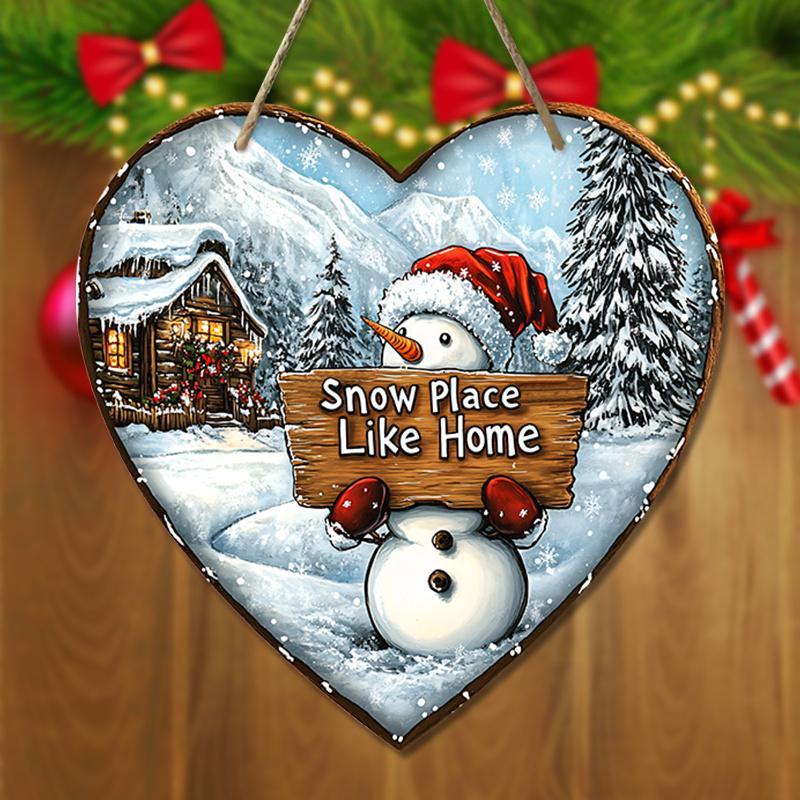 Snowman & Letter Pattern Wooden Hanging Sign, 1 Count Heart Shaped Hanging Decor, Wall Art for Home, Office, Front Door, Garden, Country Decoration