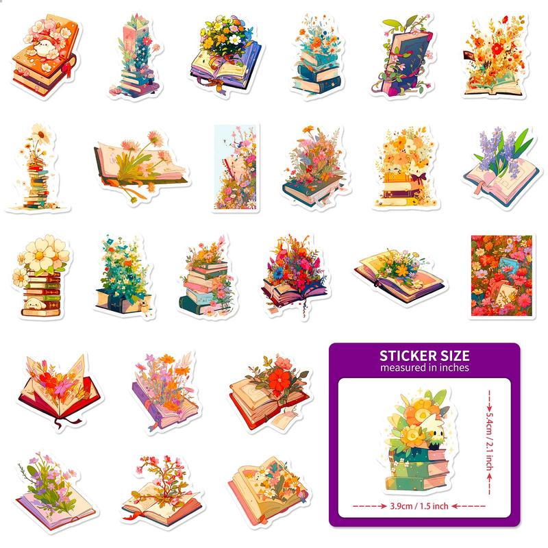 50pcs Floral Book Pattern Decorative Sticker, Creative Waterproof Sticker For DIY Scrapbook Laptop Luggage Decoration