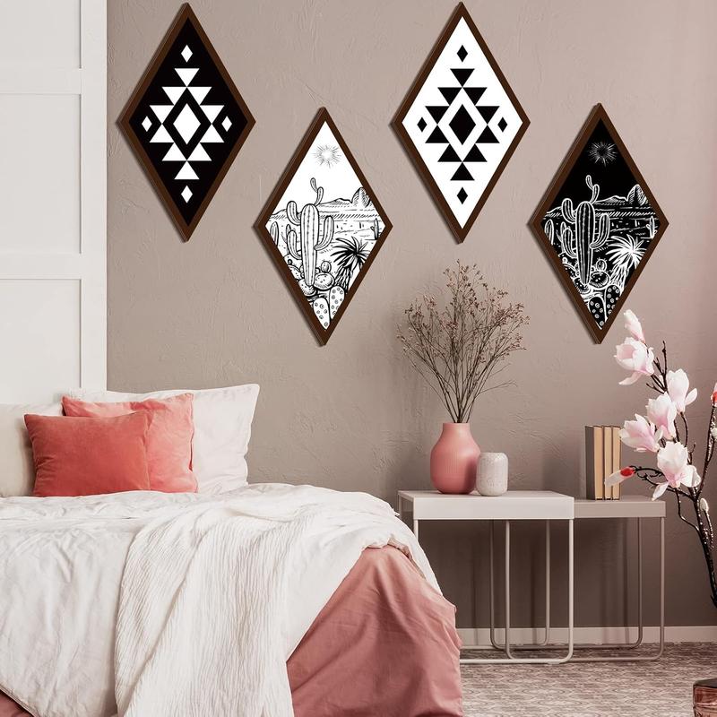 4 Pieces Aztec Wall Decor Farmhouse Home Wall Decor Western Boho Wall Art Wooden Aztec Diamond Sign Cactus Wood Geometric Diamond Frame Wall Hanging (Cactus,6.7 x 11.8 Inch)