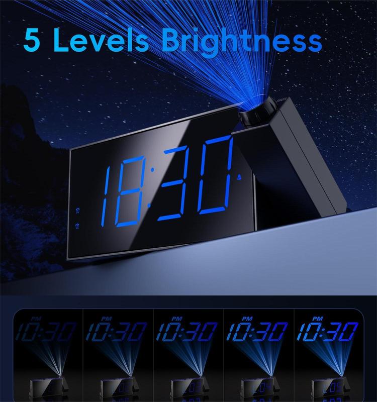 Digital Projection Alarm Clock for Bedroom - Large LED Display,180° Rotatable Projector, 5 Level Dimmer, USB Charger, Battery Backup, Loud Dual Alarm Clock for Everyone in the House, Elderly, Heavy Sleepers,12 24 Hour,Daylight Saving Time Decor Set Switch