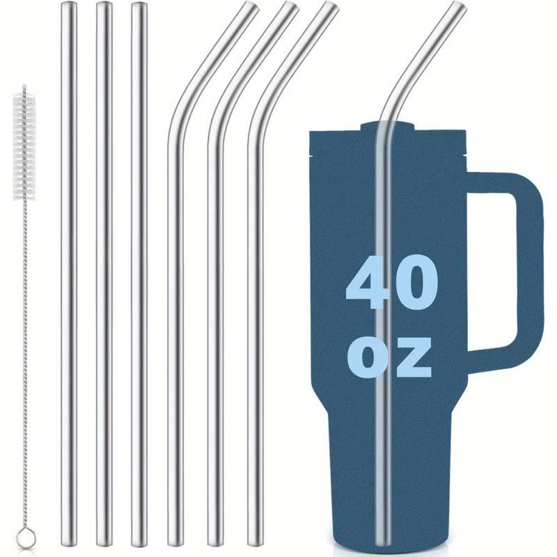 Stainless Steel Straw & Cleaning Brush Set, 7pcs set Including 3 Straight Straw & 3 Elbow Straw  & 1 Straw Cleaning Brush, Drinkware Accessories for Home Kitchen