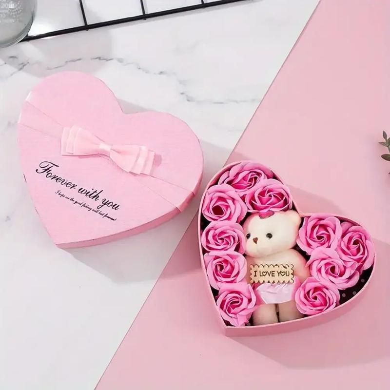 Artificial Rose & Bear Decor Heart Shaped Box, 1 Count Faux Rose & Bear Gift Box, Gift Box for Birthday, Wedding, Anniversary, Fall Essentials, Gift for Mom, Home Decor