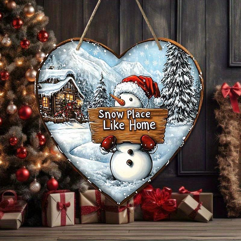 Snowman & Letter Pattern Wooden Hanging Sign, 1 Count Heart Shaped Hanging Decor, Wall Art for Home, Office, Front Door, Garden, Country Decoration