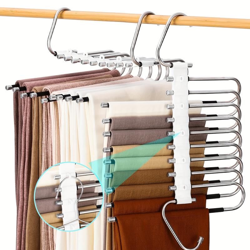 Space-Saving S-Type Pants Hanger - 9-Tier Non-Slip Organizer - Extra 5 Hooks for Jeans, Leggings, Trousers - Increases Closet Space by 80%