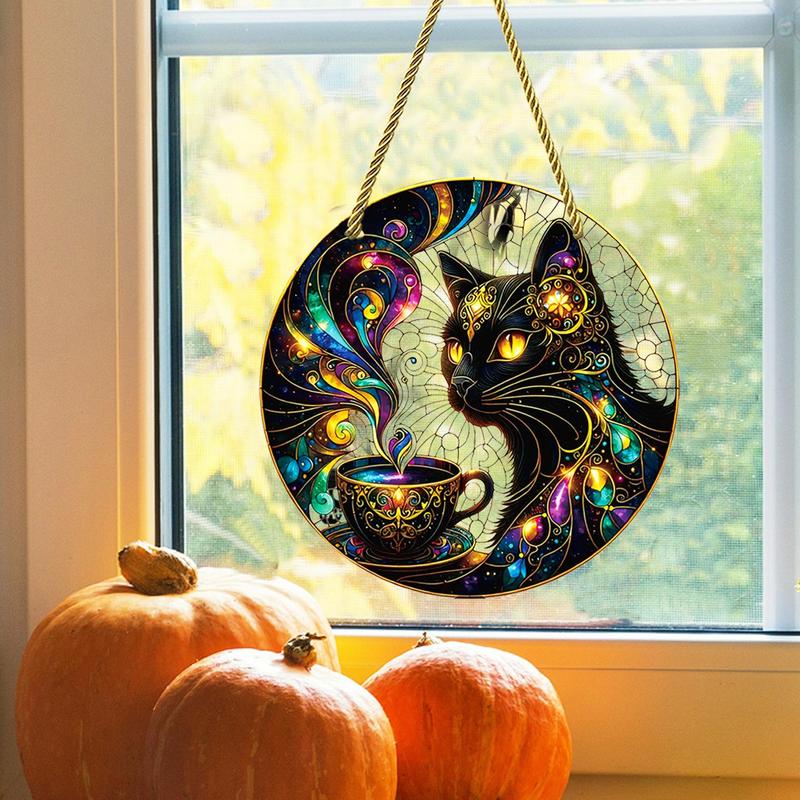 Cat & Coffee Pattern Sun Catcher, Round Acrylic Hanging Decor, Durable and Lightweight Hanging Ornament for Office, Room, Kitchen