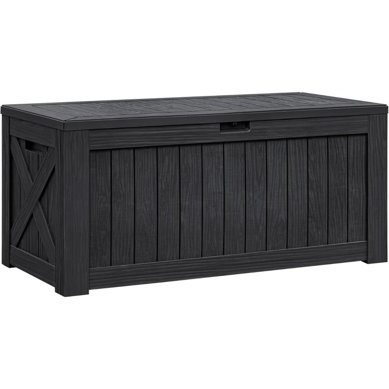 Deck Box 120 Gallon Waterproof Large Deck Boxes Plus Outdoor Indoor Storage Box Imitation Wood Resin for Patio Furniture Garden Tools and Pool,Dark Black