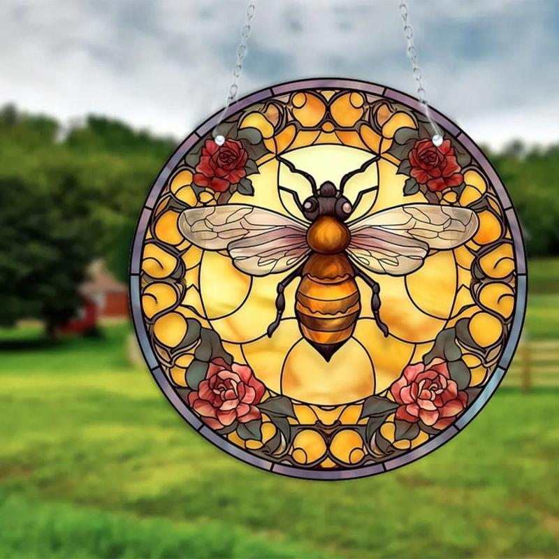 Bee & Flower Pattern Hanging Decor, 1 Count Creative Round Acrylic Hanging Ornament, Hanging Decor for Home Living Room Bedroom