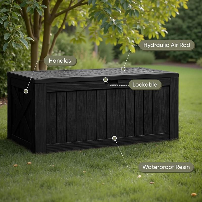 Deck Box 120 Gallon Waterproof Large Deck Boxes Plus Outdoor Indoor Storage Box Imitation Wood Resin for Patio Furniture Garden Tools and Pool,Dark Black