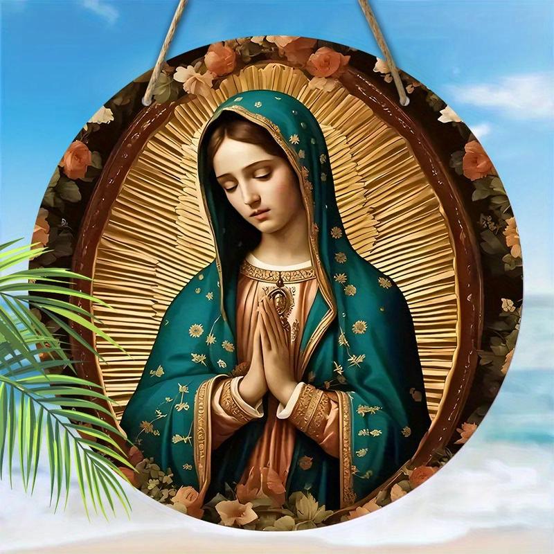 Our Lady Virgin Pray Wooden Round-shaped Hanging Wall Decor, 1 Count Traditional Festive Hanging Ornament, Hanging Decor for Holiday Party