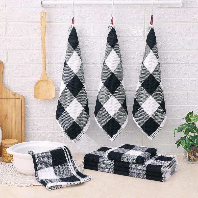 Kitchen Towel and dish towel set, 12 x 12 and 13 x 28 inches, one set of 8 cotton checkered kitchen towels, soft and absorbent dish cloth, white and black