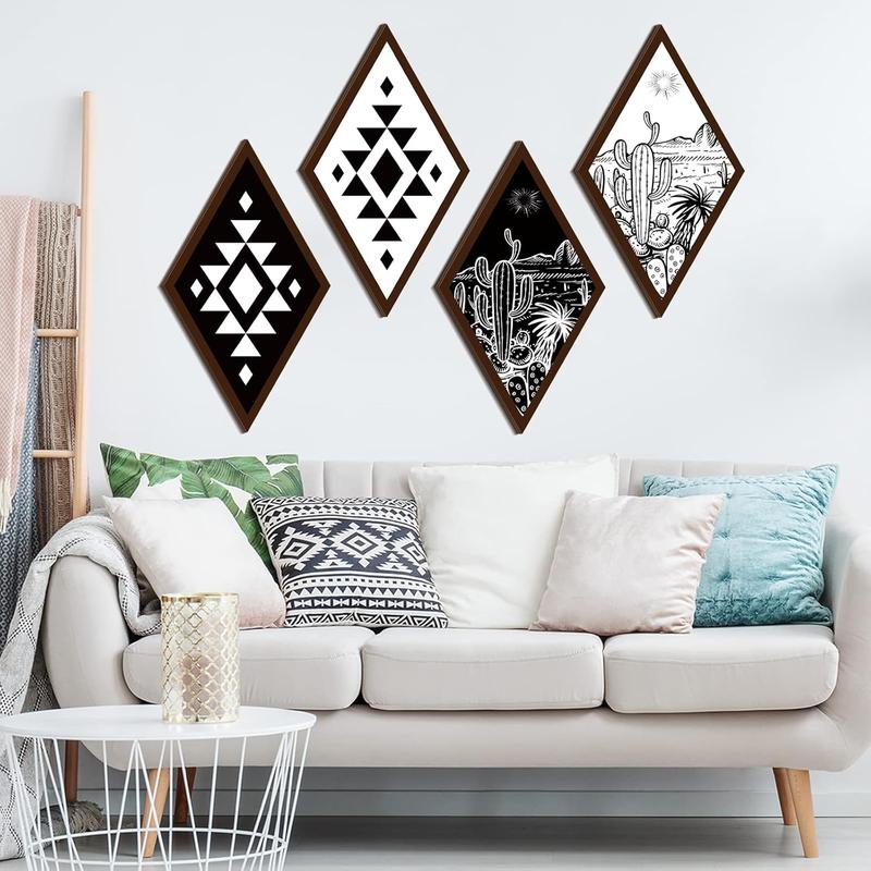 4 Pieces Aztec Wall Decor Farmhouse Home Wall Decor Western Boho Wall Art Wooden Aztec Diamond Sign Cactus Wood Geometric Diamond Frame Wall Hanging (Cactus,6.7 x 11.8 Inch)