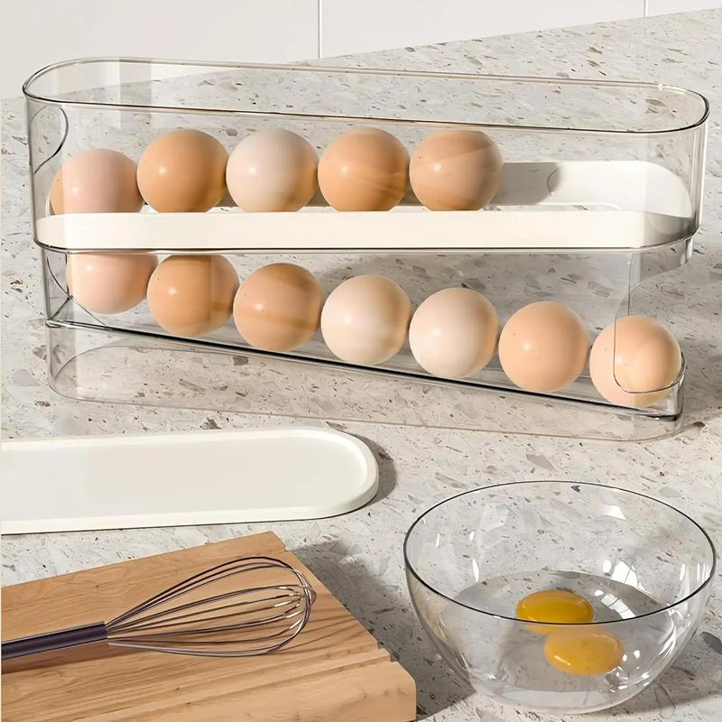 Clear Egg Storage Box, 2 Counts set Automatic Rolling Egg Holder, Space Saving Egg Organizer, Refrigerator Egg Tray, Household Kitchen Products