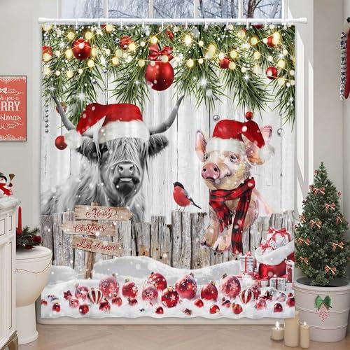 Rustic Cute Xmas Highland on Country Wooden Farmhouse Winter Shower Curtain, Farm Animal Christmas Holiday Bathtubs Decor with 12 Hooks, 72x72 in