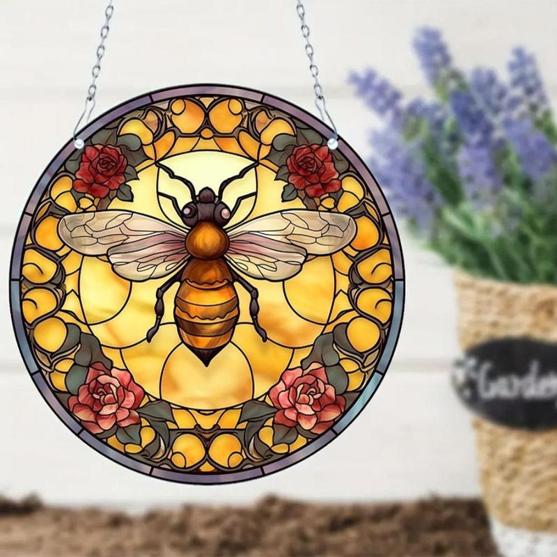 Bee & Flower Pattern Hanging Decor, 1 Count Creative Round Acrylic Hanging Ornament, Hanging Decor for Home Living Room Bedroom