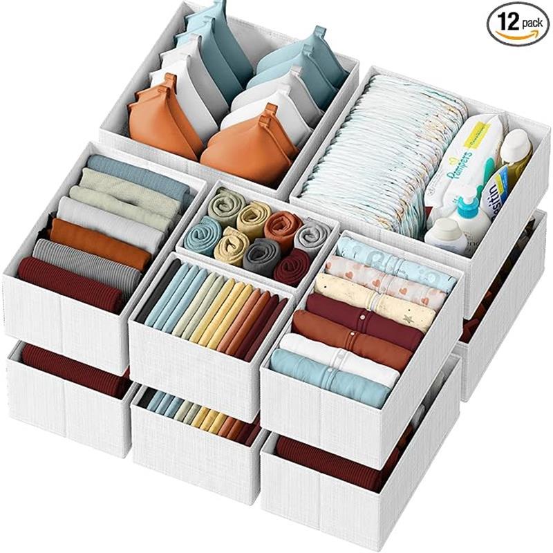 Drawer Organizer Clothes Set of 12 White-Grey - Dresser Organizer For Nursery, Bedroom, Closet - Perfect Baby Clothes Organizer and Storage & General Nursery Organization or Dresser Drawer Organizers