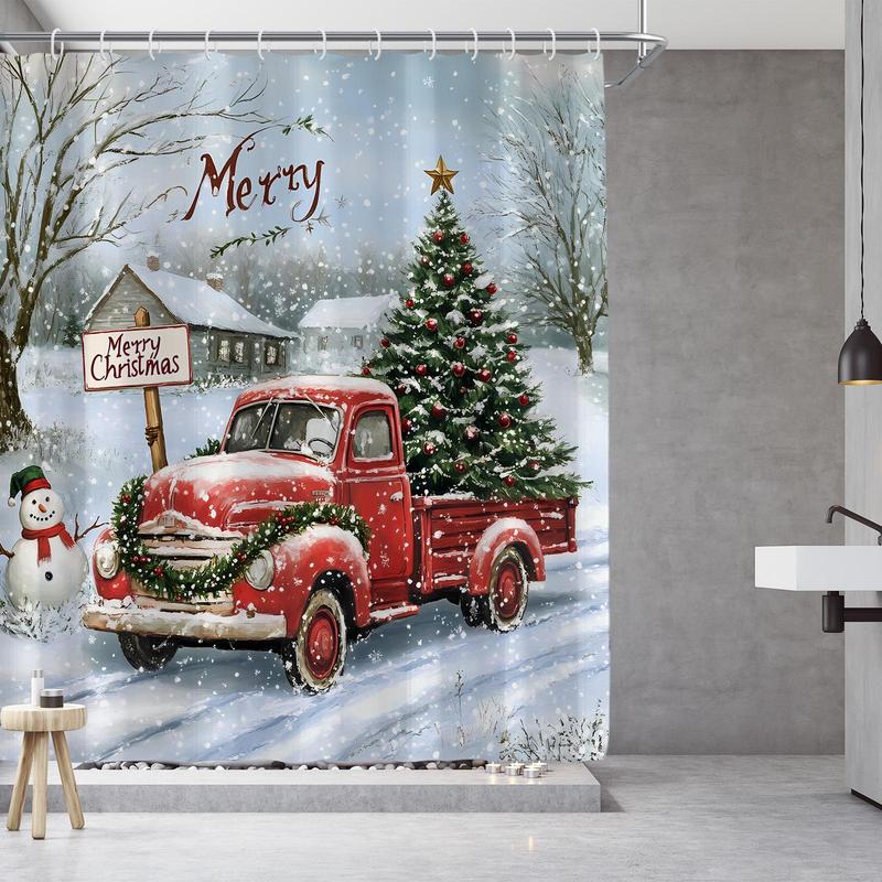 Christmas Theme Shower Curtain, 1 Count Waterproof Fabric Shower Curtain with 12pcs Hooks, Bathroom Decoration Supplies for Home Hotel Salon