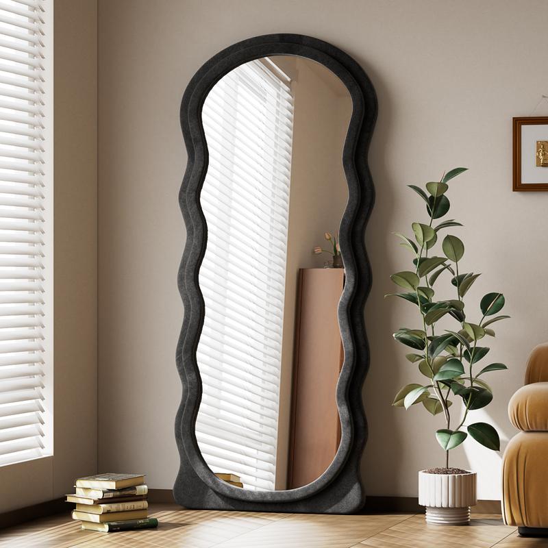 63x24 inch Irregular Full Length Mirror With Flannel Frame Full-Length Floor Mirror - Full Mirror Full Body Mirror For Bedroom Floor Mirror Full Body Wavy Mirror Full Mirror For Hanging Or Leaning Against Wall In Cloakroom, Bedroom Living Room