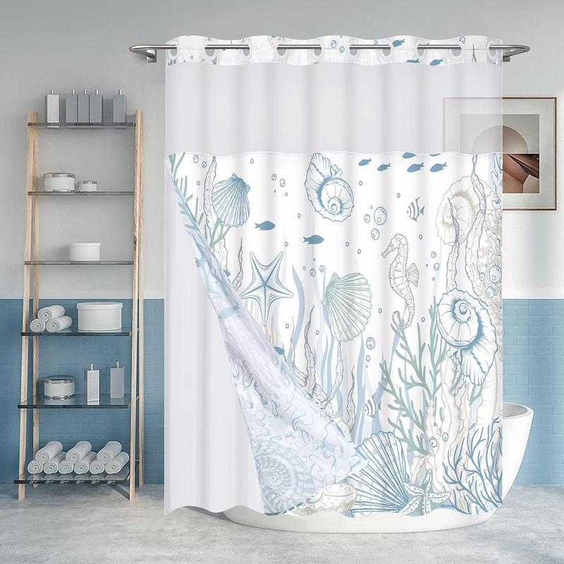 No Hook Shower Curtain with Snap in Liner Seashell Beach Shower Curtain Fabric Waterproof Inner Liner Themed Shower Curtains for Bathroom Decor