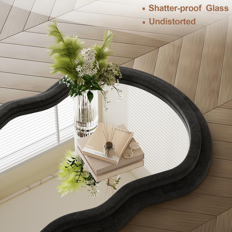 63x24 inch Irregular Full Length Mirror With Flannel Frame Full-Length Floor Mirror - Full Mirror Full Body Mirror For Bedroom Floor Mirror Full Body Wavy Mirror Full Mirror For Hanging Or Leaning Against Wall In Cloakroom, Bedroom Living Room