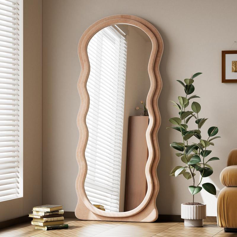 63x24 inch Irregular Full Length Mirror With Flannel Frame Full-Length Floor Mirror - Full Mirror Full Body Mirror For Bedroom Floor Mirror Full Body Wavy Mirror Full Mirror For Hanging Or Leaning Against Wall In Cloakroom, Bedroom Living Room