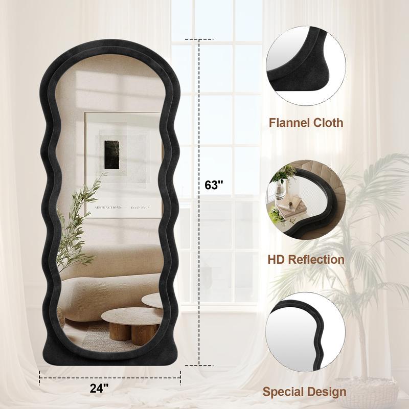 63x24 inch Irregular Full Length Mirror With Flannel Frame Full-Length Floor Mirror - Full Mirror Full Body Mirror For Bedroom Floor Mirror Full Body Wavy Mirror Full Mirror For Hanging Or Leaning Against Wall In Cloakroom, Bedroom Living Room