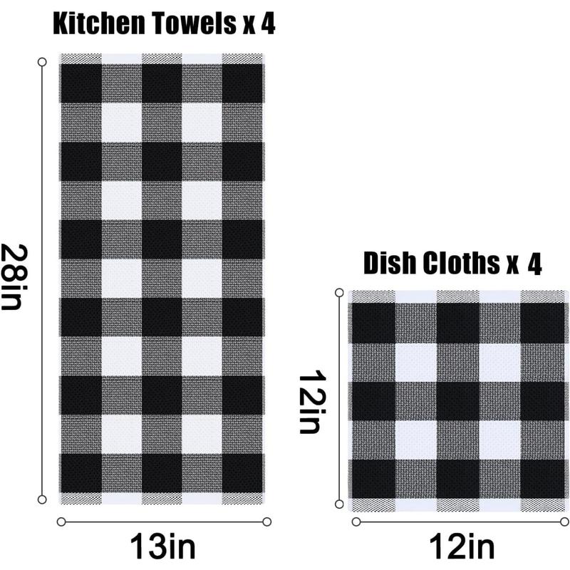 Kitchen Towel and dish towel set, 12 x 12 and 13 x 28 inches, one set of 8 cotton checkered kitchen towels, soft and absorbent dish cloth, white and black