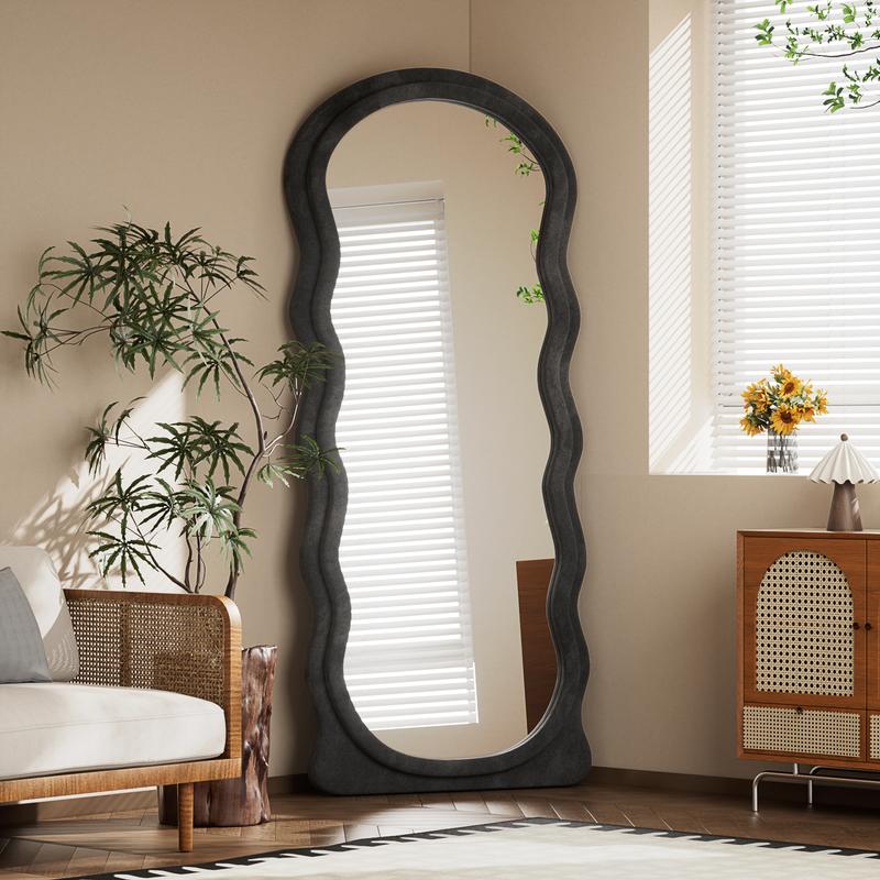 63x24 inch Irregular Full Length Mirror With Flannel Frame Full-Length Floor Mirror - Full Mirror Full Body Mirror For Bedroom Floor Mirror Full Body Wavy Mirror Full Mirror For Hanging Or Leaning Against Wall In Cloakroom, Bedroom Living Room