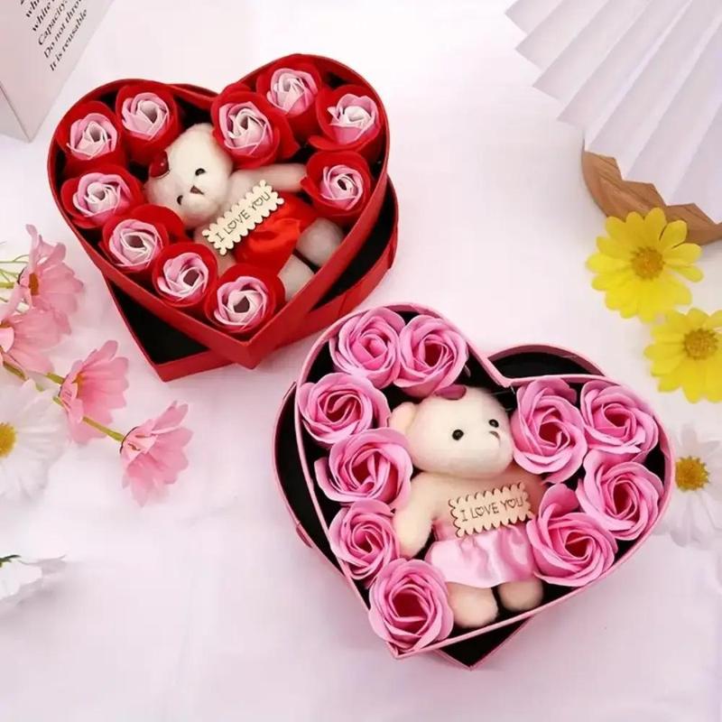 Artificial Rose & Bear Decor Heart Shaped Box, 1 Count Faux Rose & Bear Gift Box, Gift Box for Birthday, Wedding, Anniversary, Fall Essentials, Gift for Mom, Home Decor