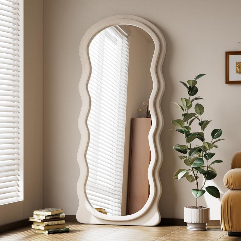 63x24 inch Irregular Full Length Mirror With Flannel Frame Full-Length Floor Mirror - Full Mirror Full Body Mirror For Bedroom Floor Mirror Full Body Wavy Mirror Full Mirror For Hanging Or Leaning Against Wall In Cloakroom, Bedroom Living Room