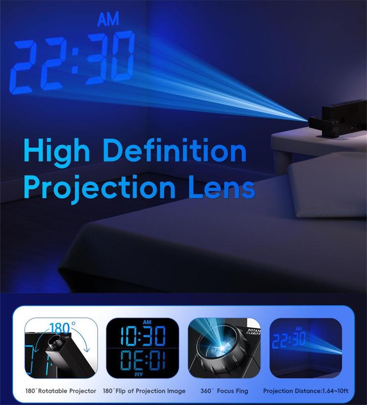 Digital Projection Alarm Clock for Bedroom - Large LED Display,180° Rotatable Projector, 5 Level Dimmer, USB Charger, Battery Backup, Loud Dual Alarm Clock for Everyone in the House, Elderly, Heavy Sleepers,12 24 Hour,Daylight Saving Time Decor Set Switch