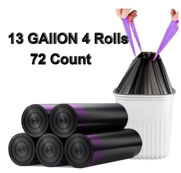 HELONG 13 Gallon Trash Bag,Drawstring Trash Bag 18 Counts 4 Rolls,Kitchen Garbage Bags for Office Bedroom Bathroom,Black