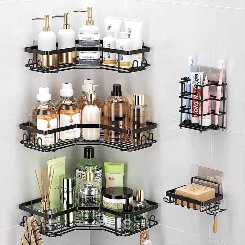 Five-Piece Set Shower Caddy Shelf, Bathroom Shower Organizer Rack For Holding Shampoo Soap, No Drilling Multifunctional Self Adhesive Black Bathroom Shelves Basket, Bathroom Toilet Essentials Adhesive Shower shelf organizer