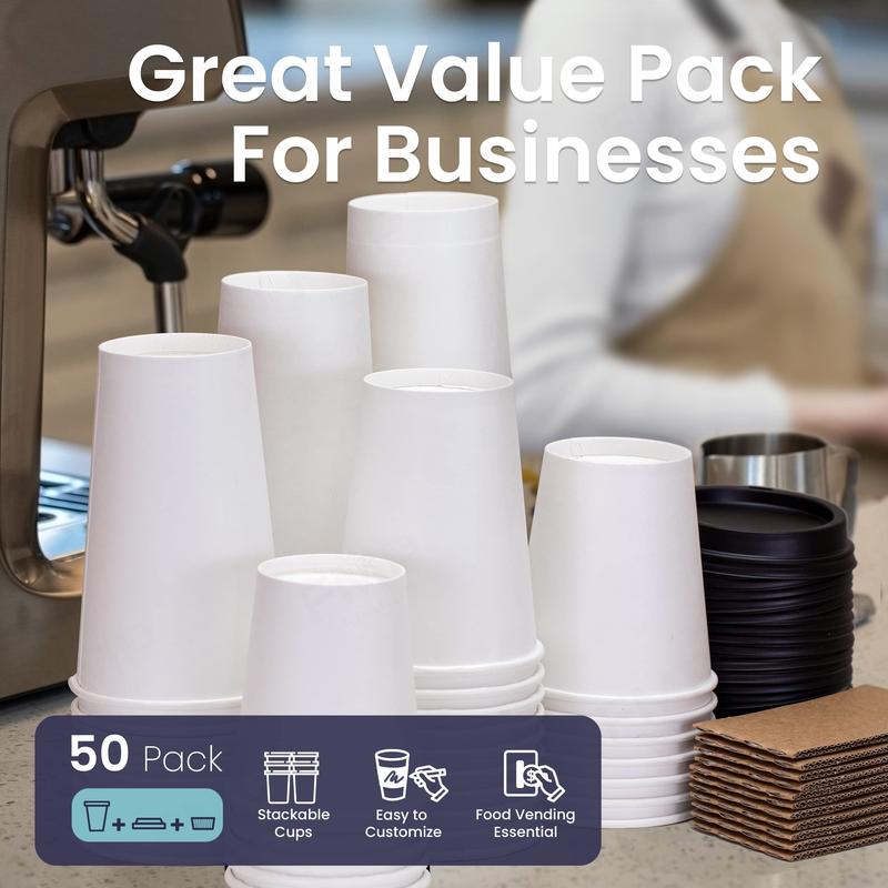 50 Pack 16 oz Disposable Coffee Cups with Lids, Sleeves and Stirrers, Premium To Go Coffee Cups with Lids, Durable Thickened Hot White Paper Cup for Cold Hot Beverage Chocolate Cocoa