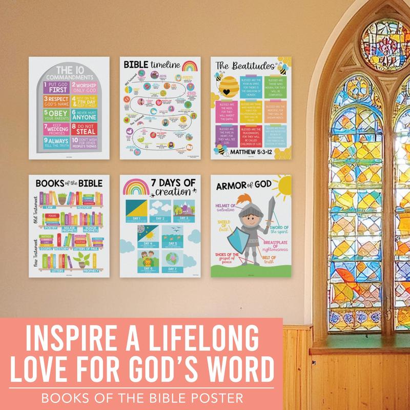 9 Colorful Sunday School Decorations For Classroom - Sunday School Posters, Christian Posters, Christian Classroom Decor, Books Of The Bible Poster, 10 Commandments For Kids, Bible Timeline Chart